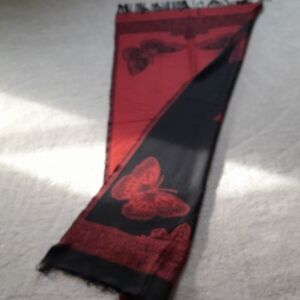 Elegant Red and Black Butterfly Scarf with Fringe